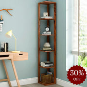 Honey Brown Wooden Corner Bookshelf | Acacia Wood Shelf for Living Room & Bedroom