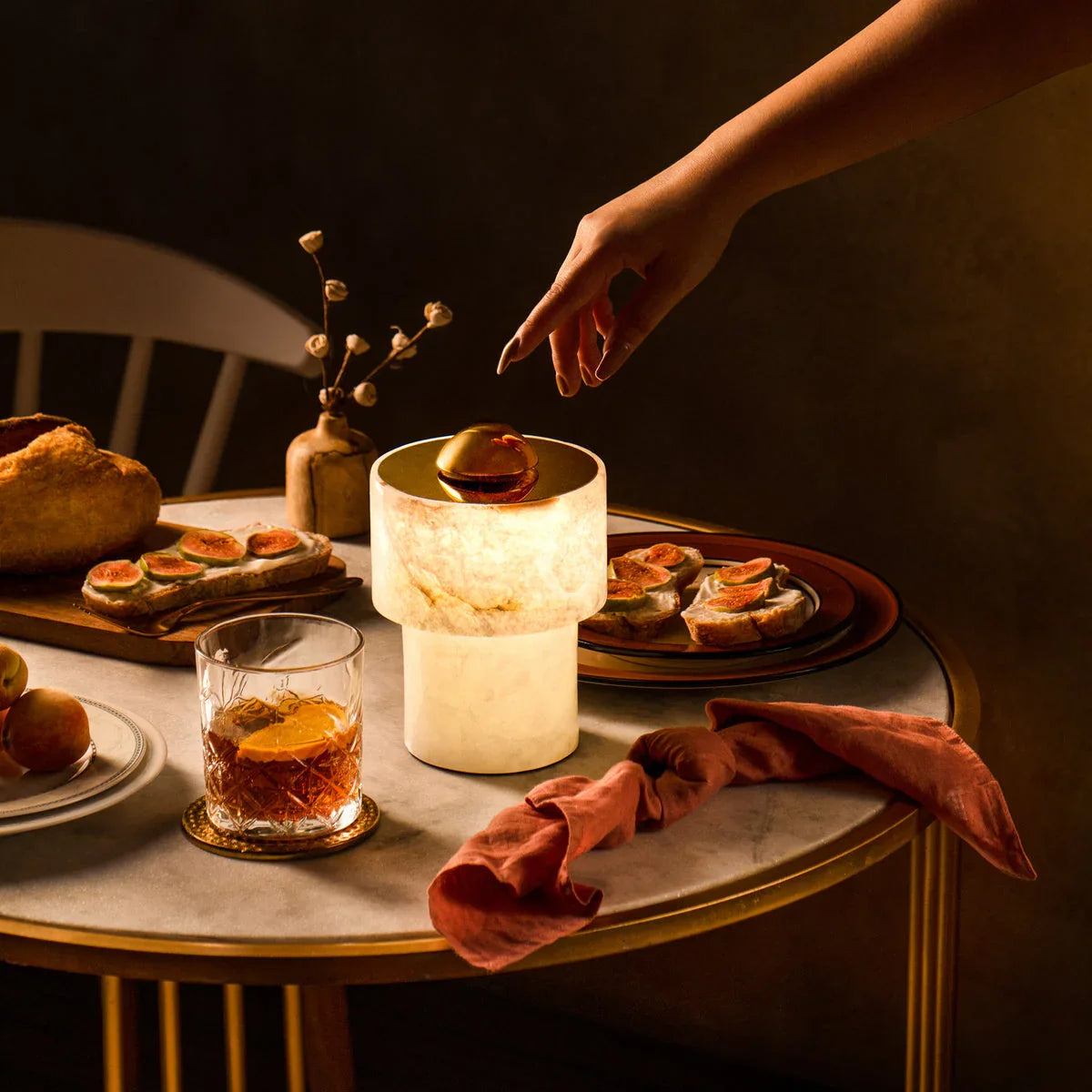 Bougie Marble Table Lamp for Living Room | Cordless Rechargeable LED Bedside Lamp with Dimmer