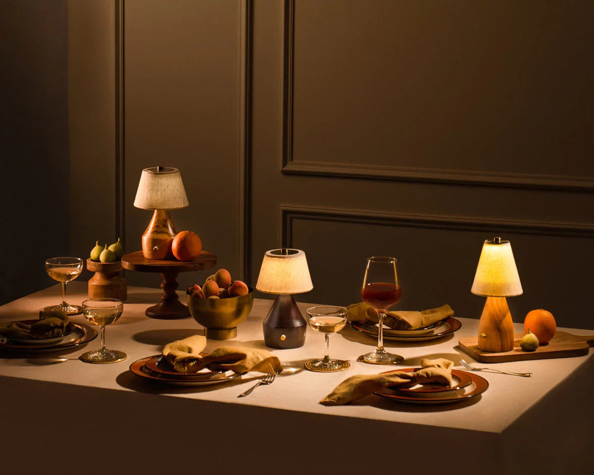 Reverie Luxurious Teak Wood Table Lamp for Living Room | Cordless Rechargeable LED Lamp with Cotton Shade