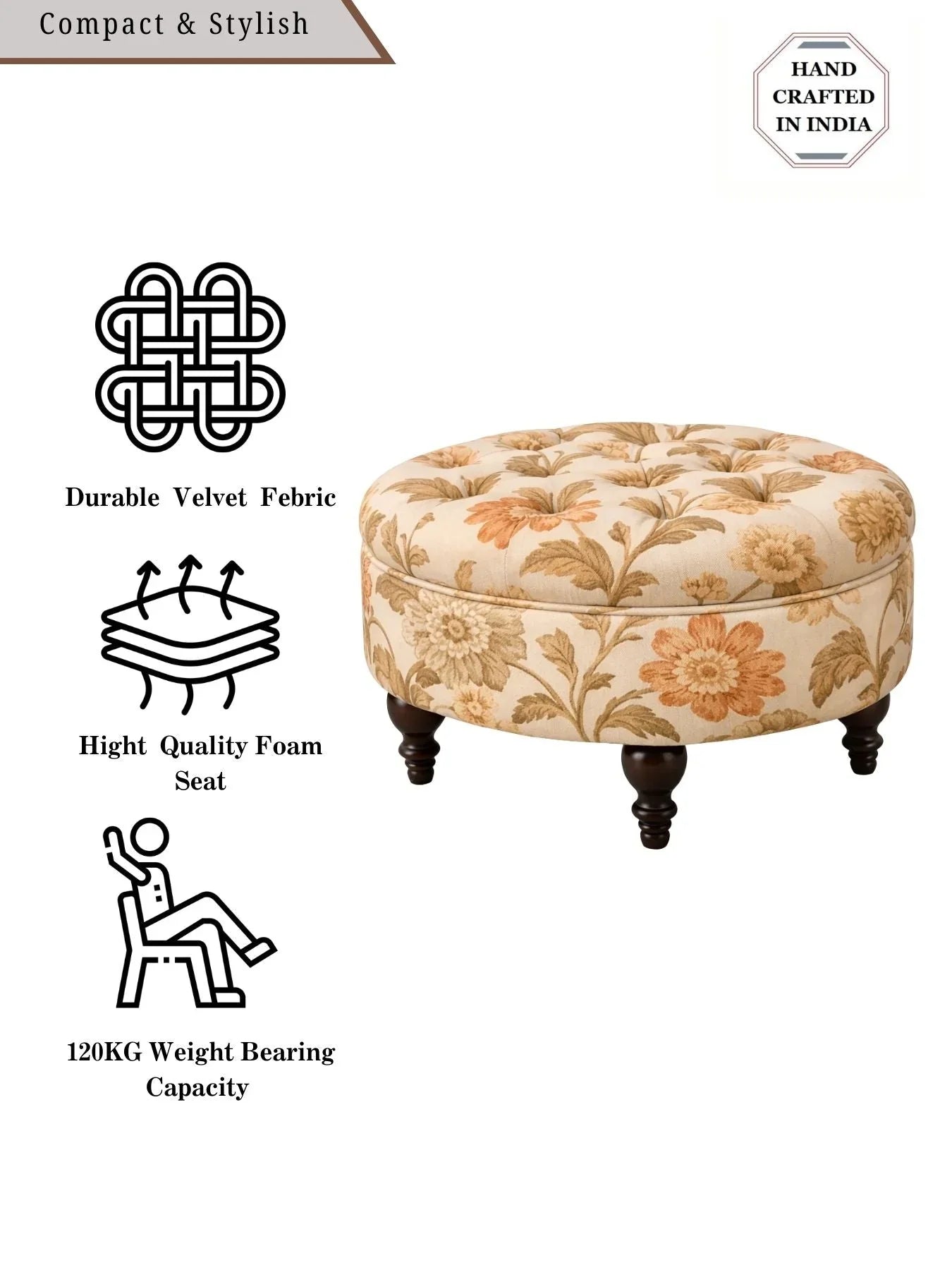Miyabi Floral Velvet Round Ottoman with Sagwan Wood