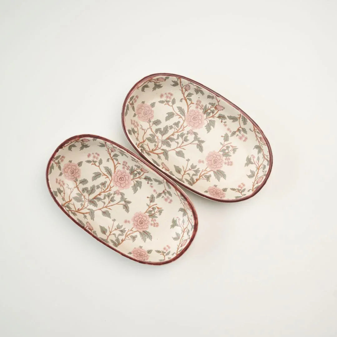 Handcrafted Stoneware Oval Serving Tray – Vintage Floral Ceramic Platter for Snacks, Desserts & Appetisers
