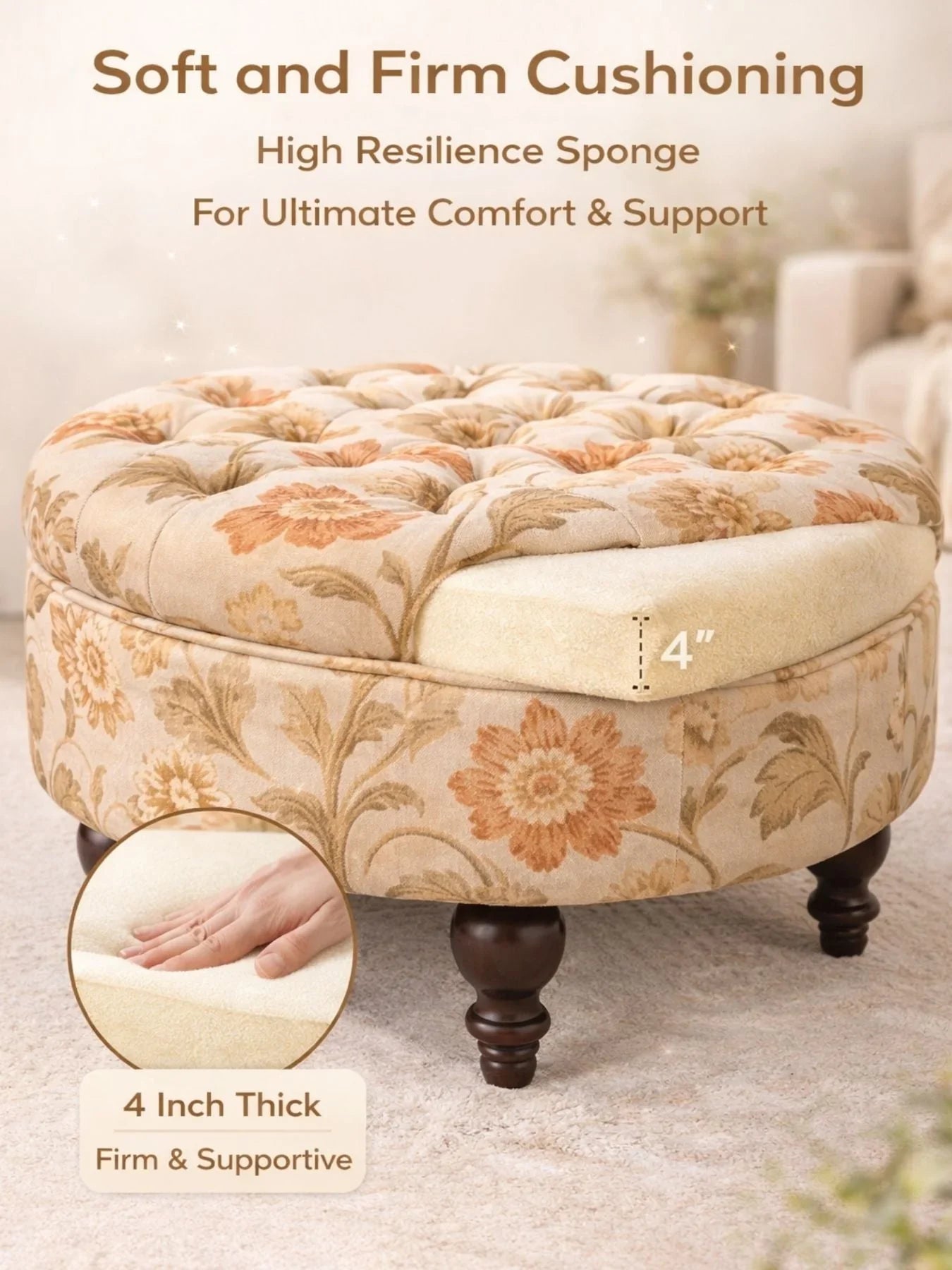 Miyabi Floral Velvet Round Ottoman with Sagwan Wood