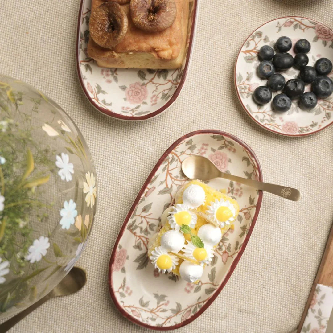 Handcrafted Stoneware Oval Serving Tray – Vintage Floral Ceramic Platter for Snacks, Desserts & Appetisers