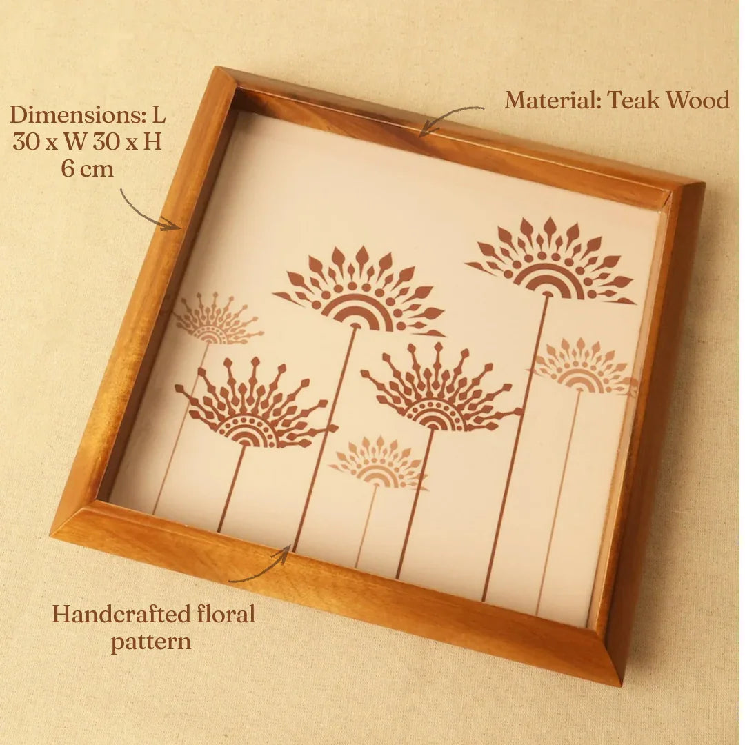 Square Teak Wood Serving Tray with Flower Mandala Design | Snack Serving Tray for Kitchen