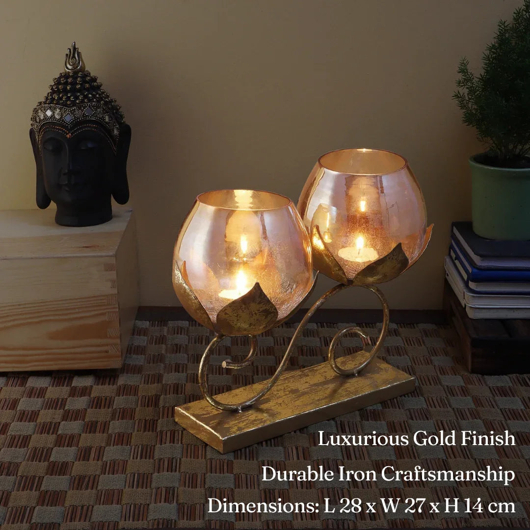 Gold Twin Lotus Tealight Holder | Decorative Candle Stand for Living Room & Dining | Candle Holder Stand