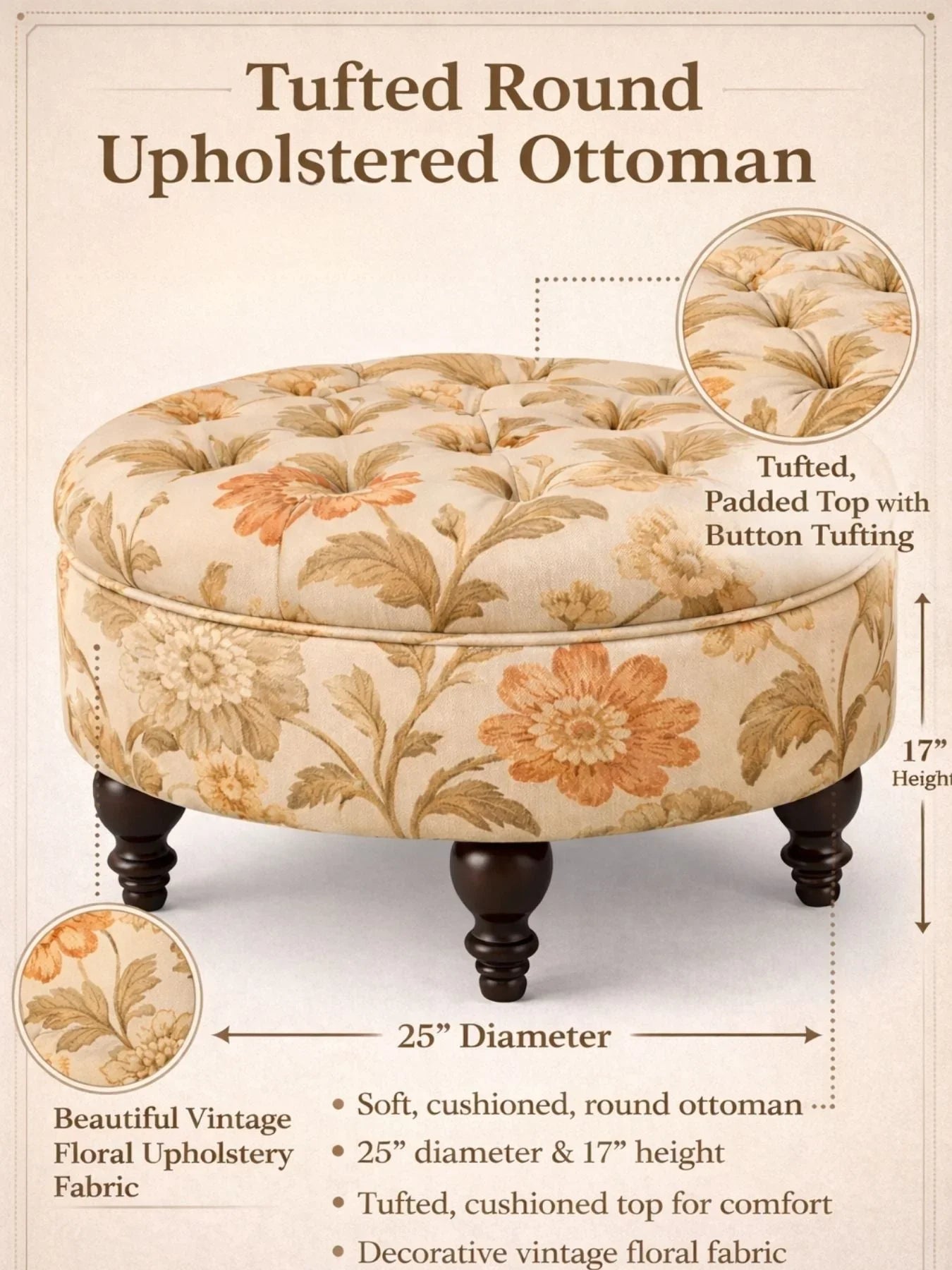 Miyabi Floral Velvet Round Ottoman with Sagwan Wood