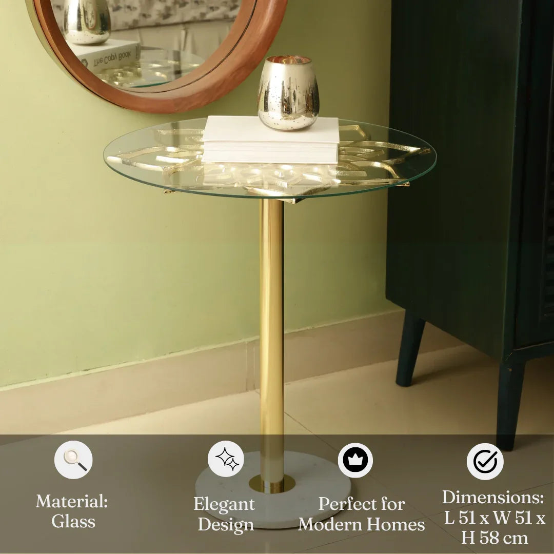 Eden Gold End Table | Luxury Glass & Metal Flower-Shaped Side Table for Living Room with Marble Base