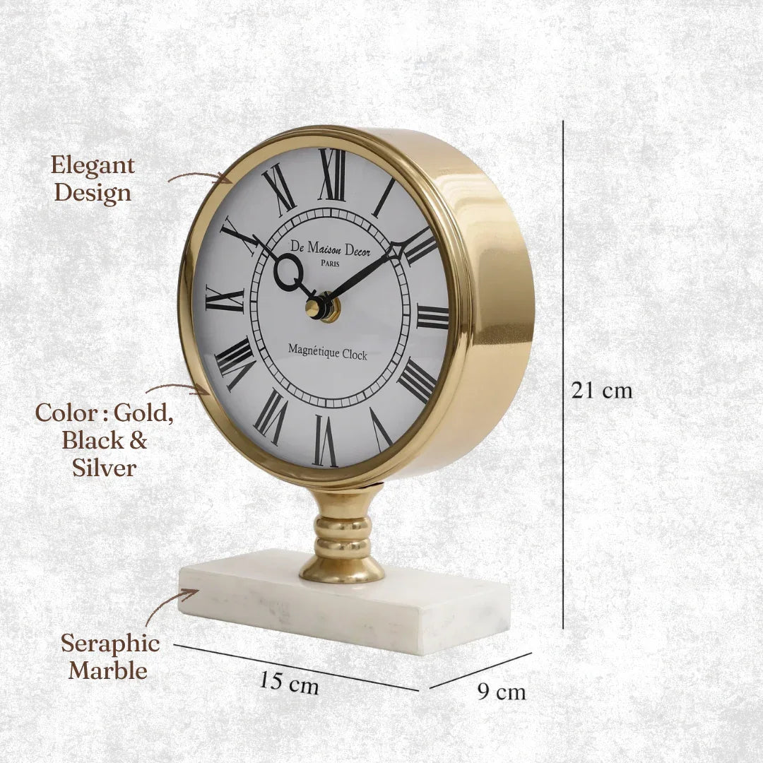 Seraphic Gold Marble Table Clock | Desk & Mantel Timepiece | Designer Office Desk Accessoried