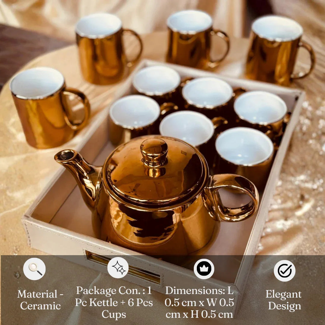Golden Glazed Ceramic Kettle Set with 6 Cups | Ceramic Tea Set