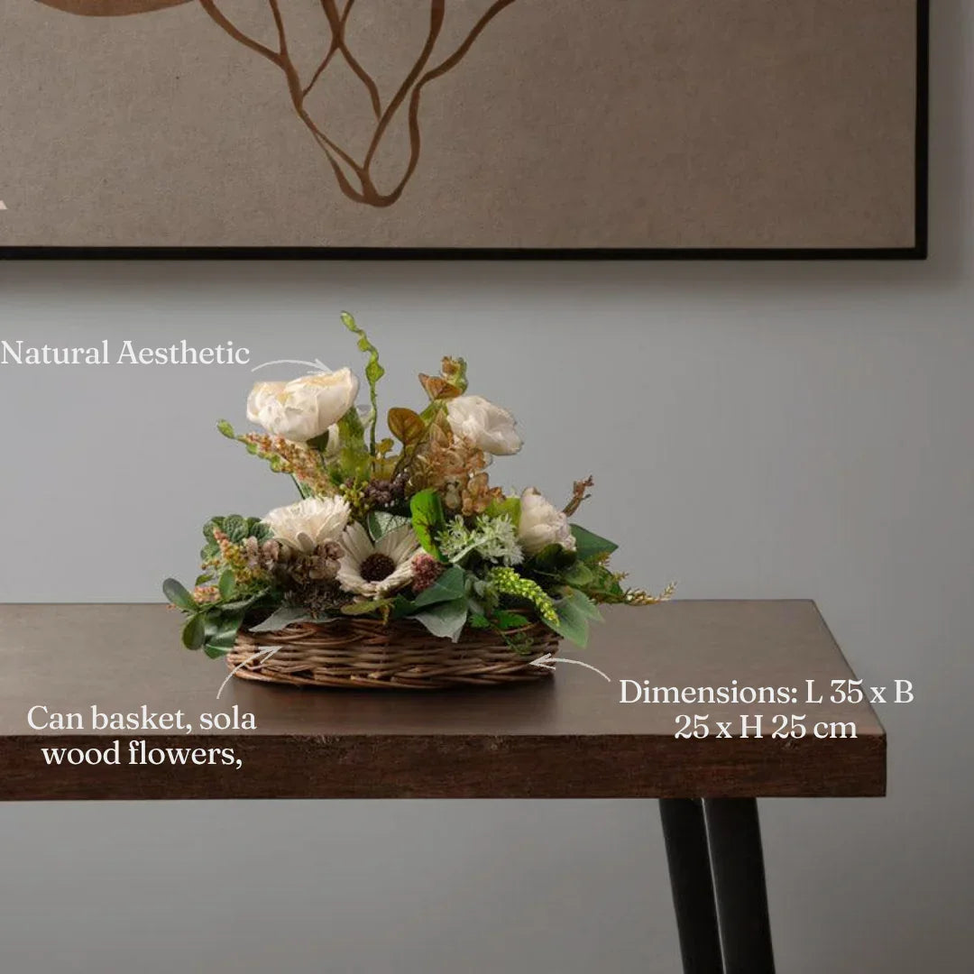 Can Basket with Sola Wood Flower Arrangement for Home Decor | Decorative Faux Floral Décor