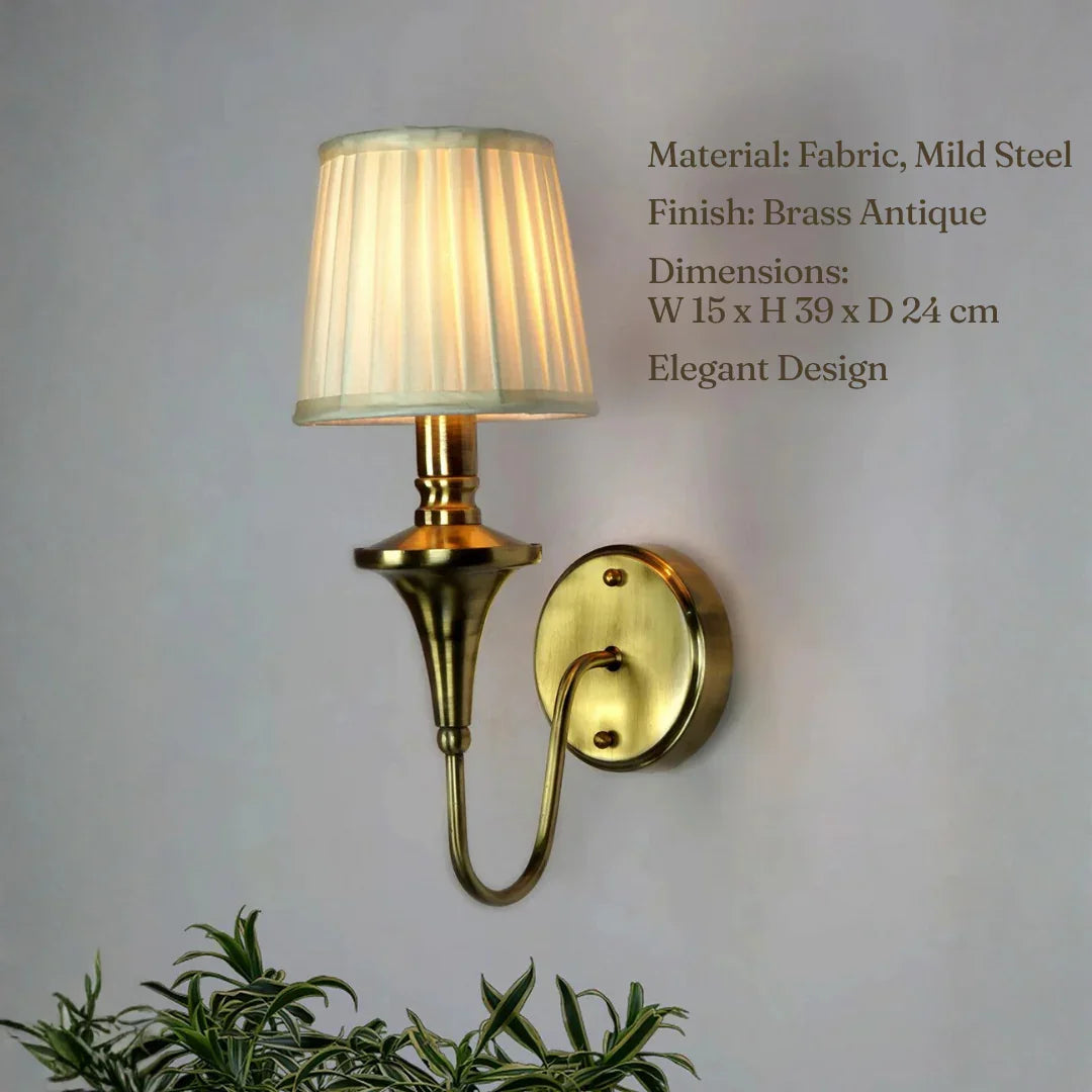 Gold Brass Finish Single Wall Lamp with White Pleated Shade | 15 Inch Transitional Light