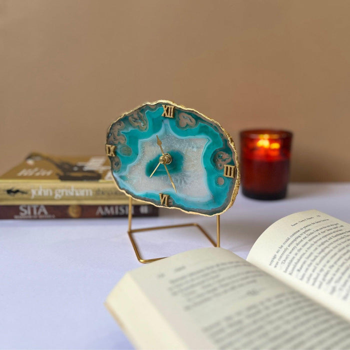 Brazilian Agate Desktop Clock with Metal Stand | Antique Table Clock