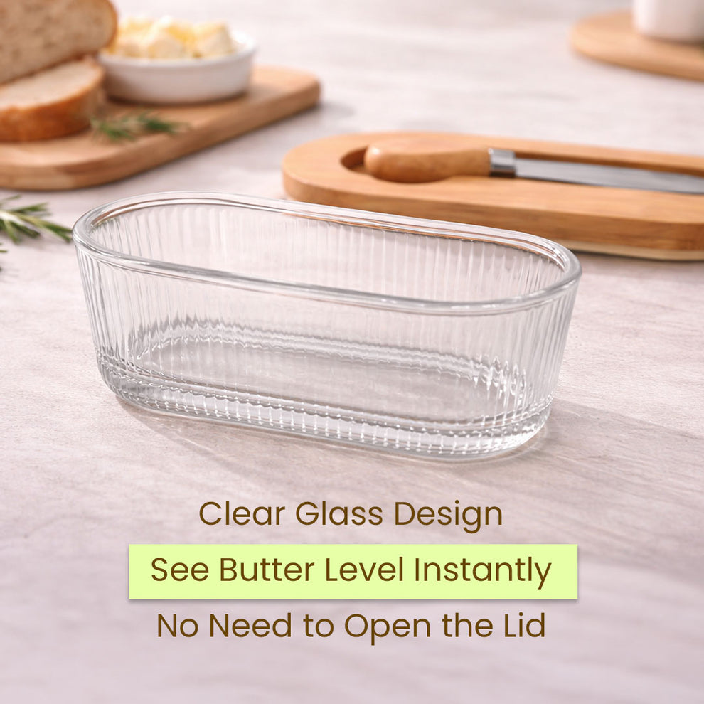 Premium Glass Butter Dish with Wooden Lid, Large Butters Container Keeper Storage with Stainless Steel Knife Spreader, Bamboo Cover and Silicone Sealing Ring for West East Coast
