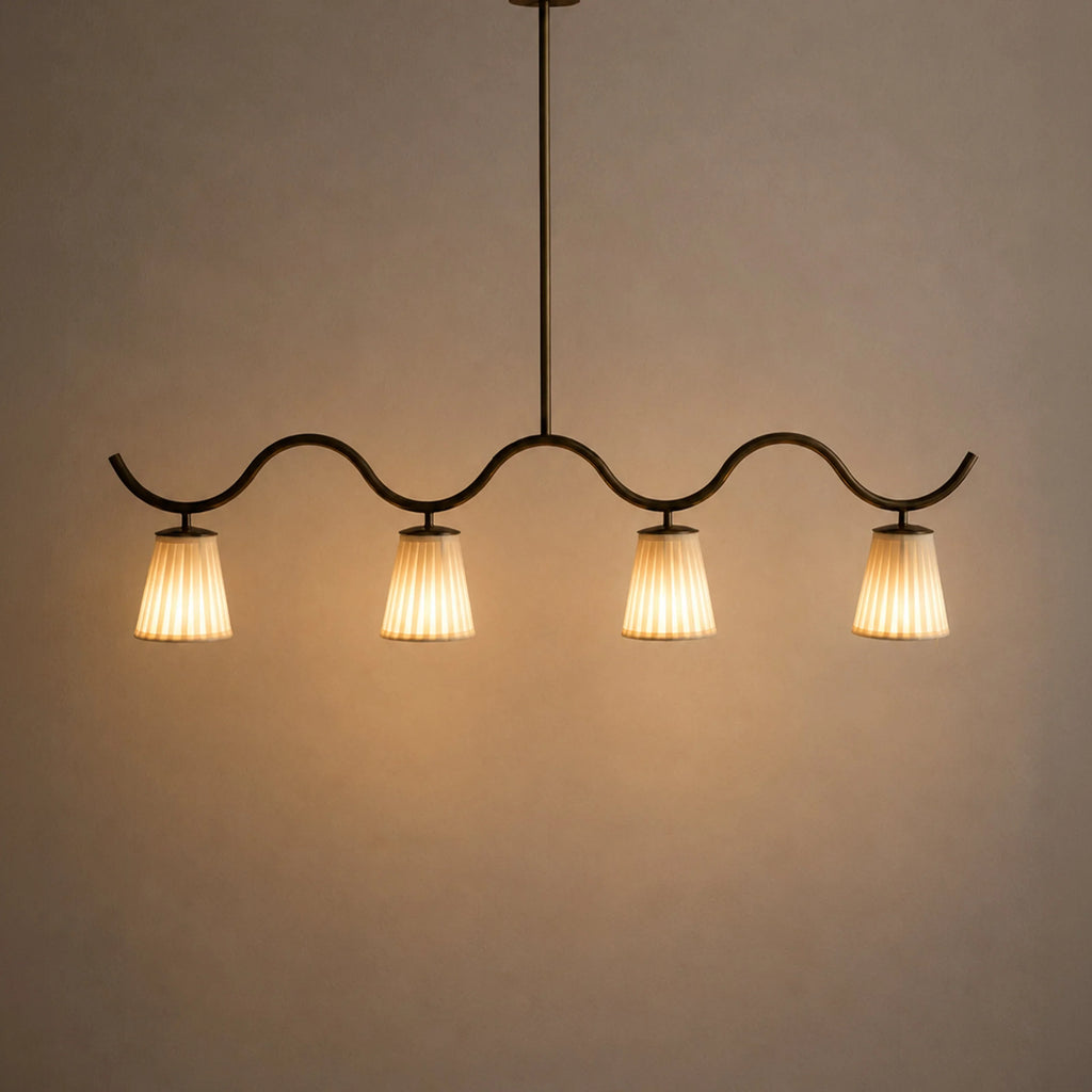 Kaze Linear Chandelier | Modern Antique Brass Chandelier with White Pleated Fabric Shades | Hanging Lights