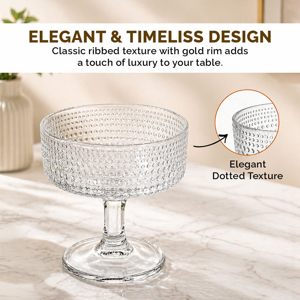 Glass Ice Cream Cups Set of 6 (185ml Each) | Premium Textured Dessert Bowls for Sundae, Pudding & Sweets | Food-Safe, Durable & Scratch-Resistant | Elegant Transparent Stem Design