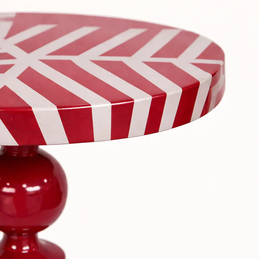 Ruby Red Iron Side Table | Glossy Metal Pedestal Accent Table for Living Room