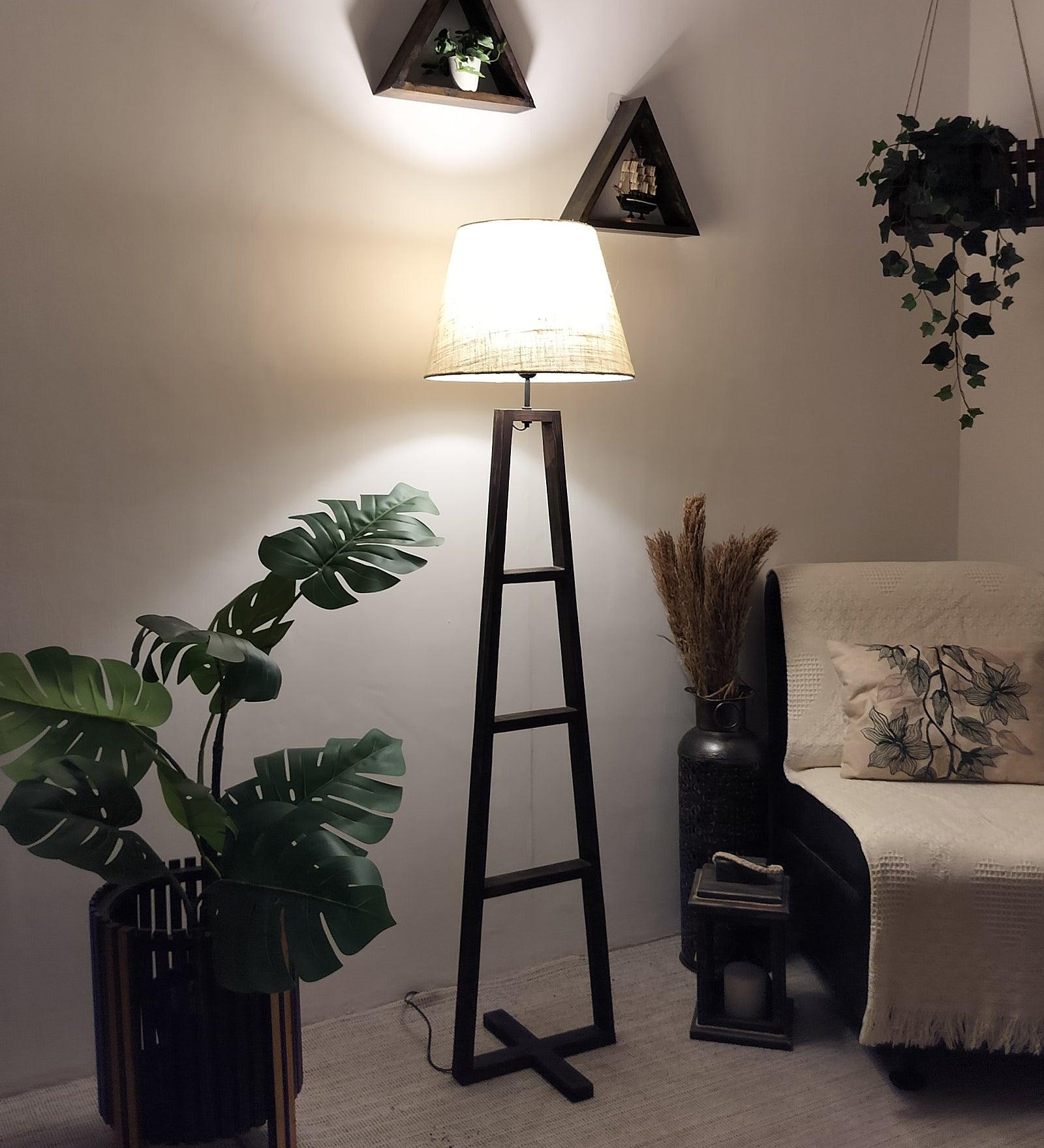 Salita Wooden Floor Lamp with Brown Base and Beige Fabric Lampshade