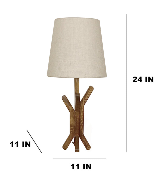 Vrikshya Wooden Table Lamp with Brown Base and Premium White Fabric Lampshade