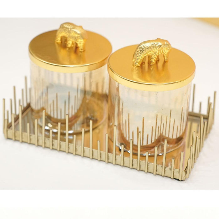 Elephant Gold Finish Lustre Glass Jars with Shakh Tray