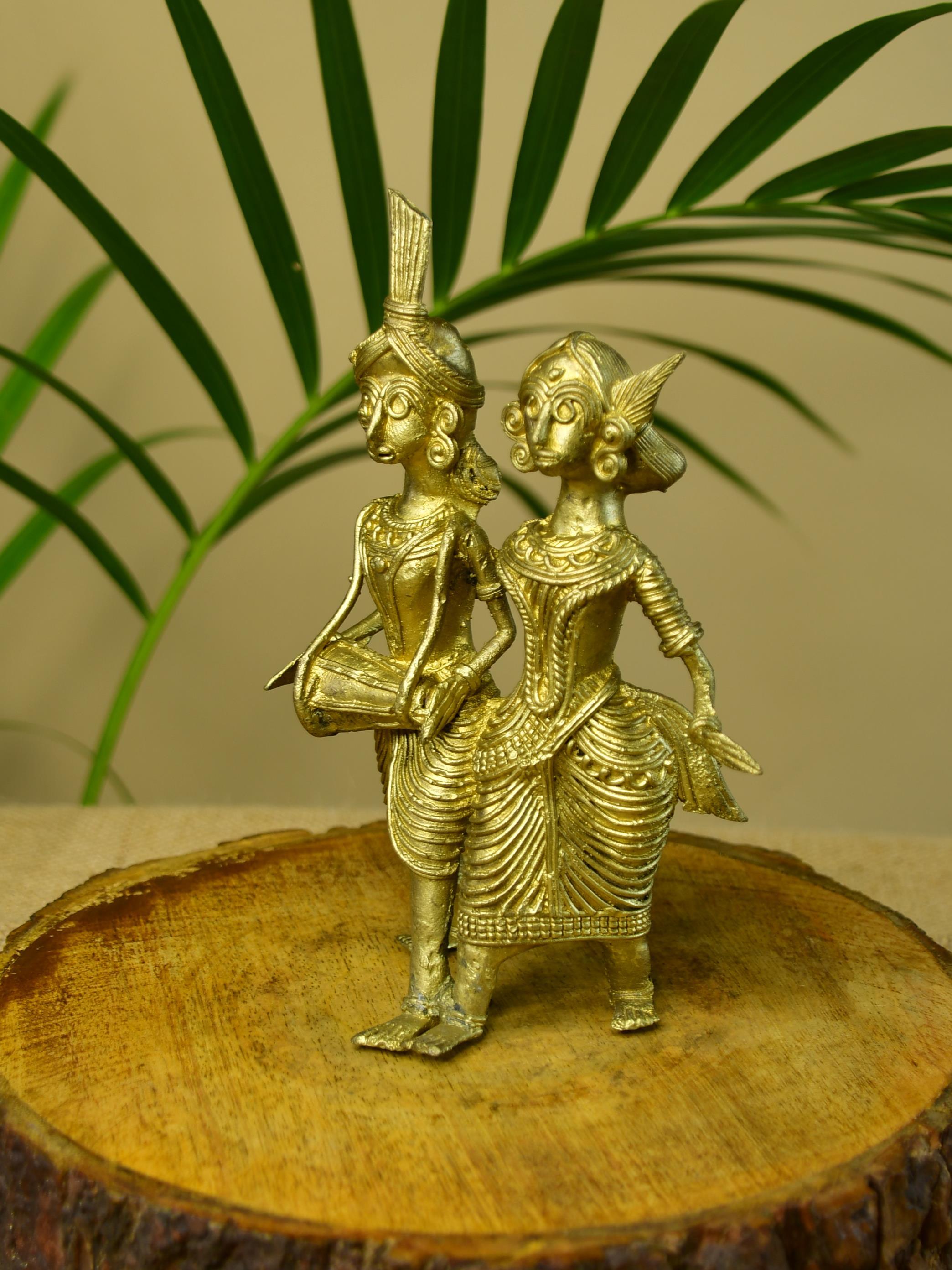 Artisanal Brass Dhokra Sculpture: Tribal Couple With Dhol