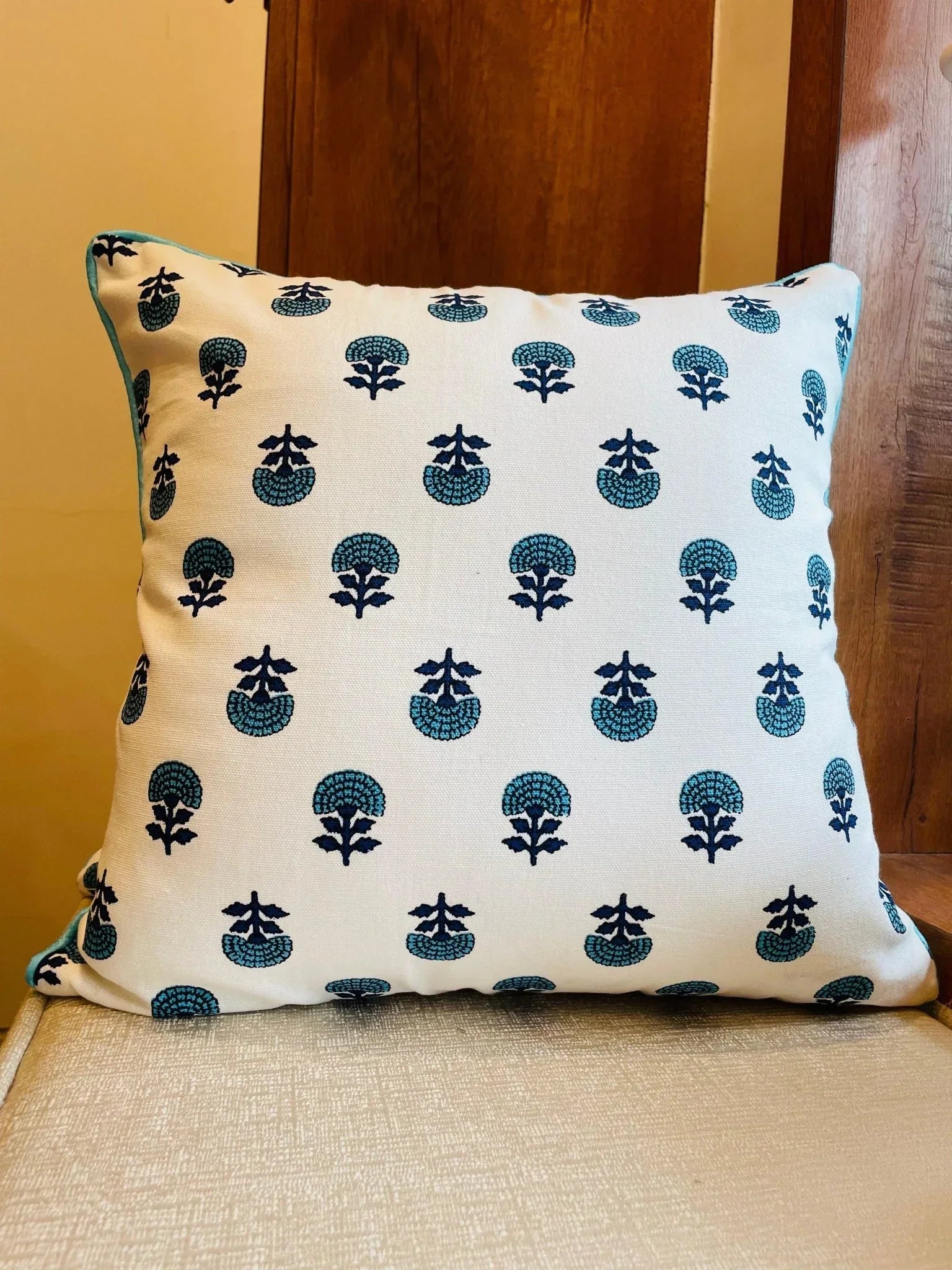 Turquoise Handblock Printed Cotton Cushion Covers - Set of 2