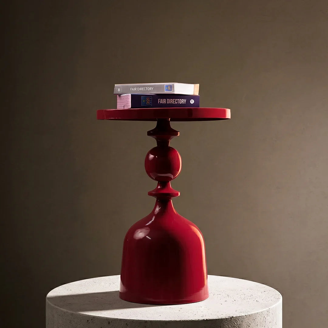 Ruby Red Iron Side Table | Glossy Metal Pedestal Accent Table for Living Room