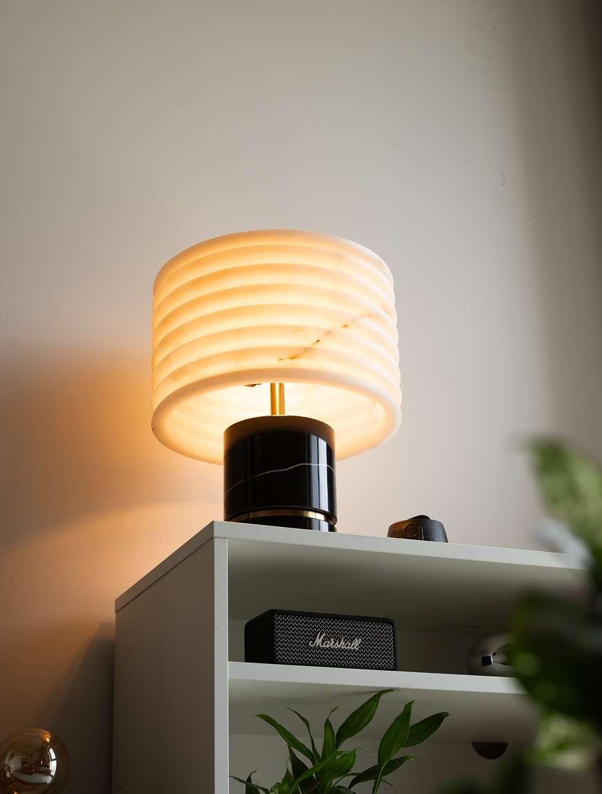 Ripple Designer Marble Table Lamp for Living Room | Luxurious Black Marble Base with Alabaster Shade Lamp