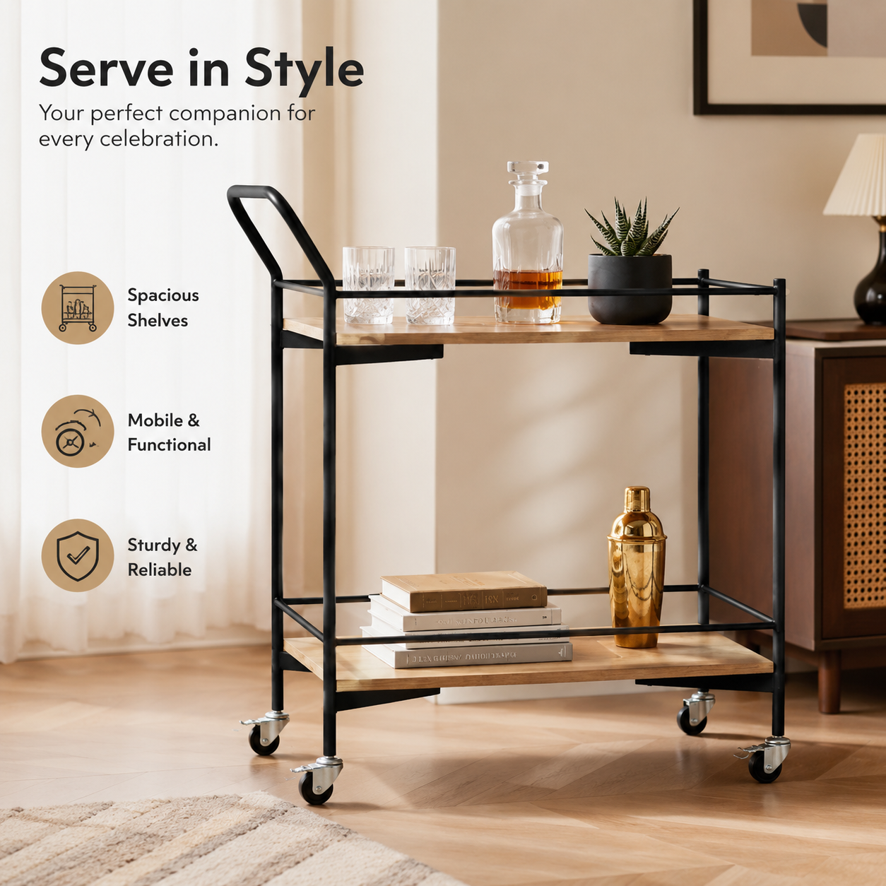Metal Bar Trolley with Wheels | Modern Serving Cart for Home Bar & Dining