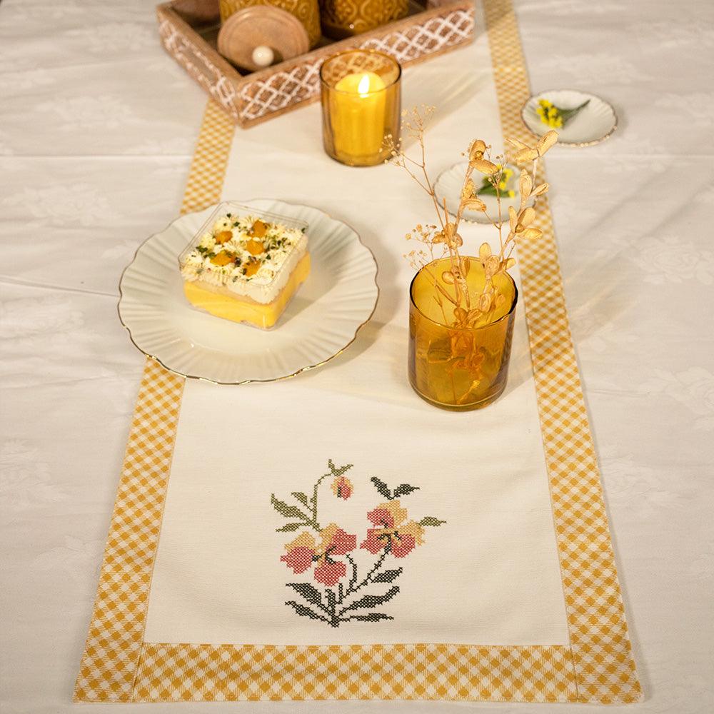 Sunshine Bloom Dining Table Runner | Cross-Stitch Embroidered Cotton Runner with Printed Border