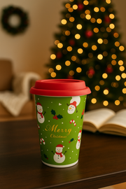 Christmas Ceramic Mug with Red Silicone Lid – 400 ml Coffee & Tea Cup