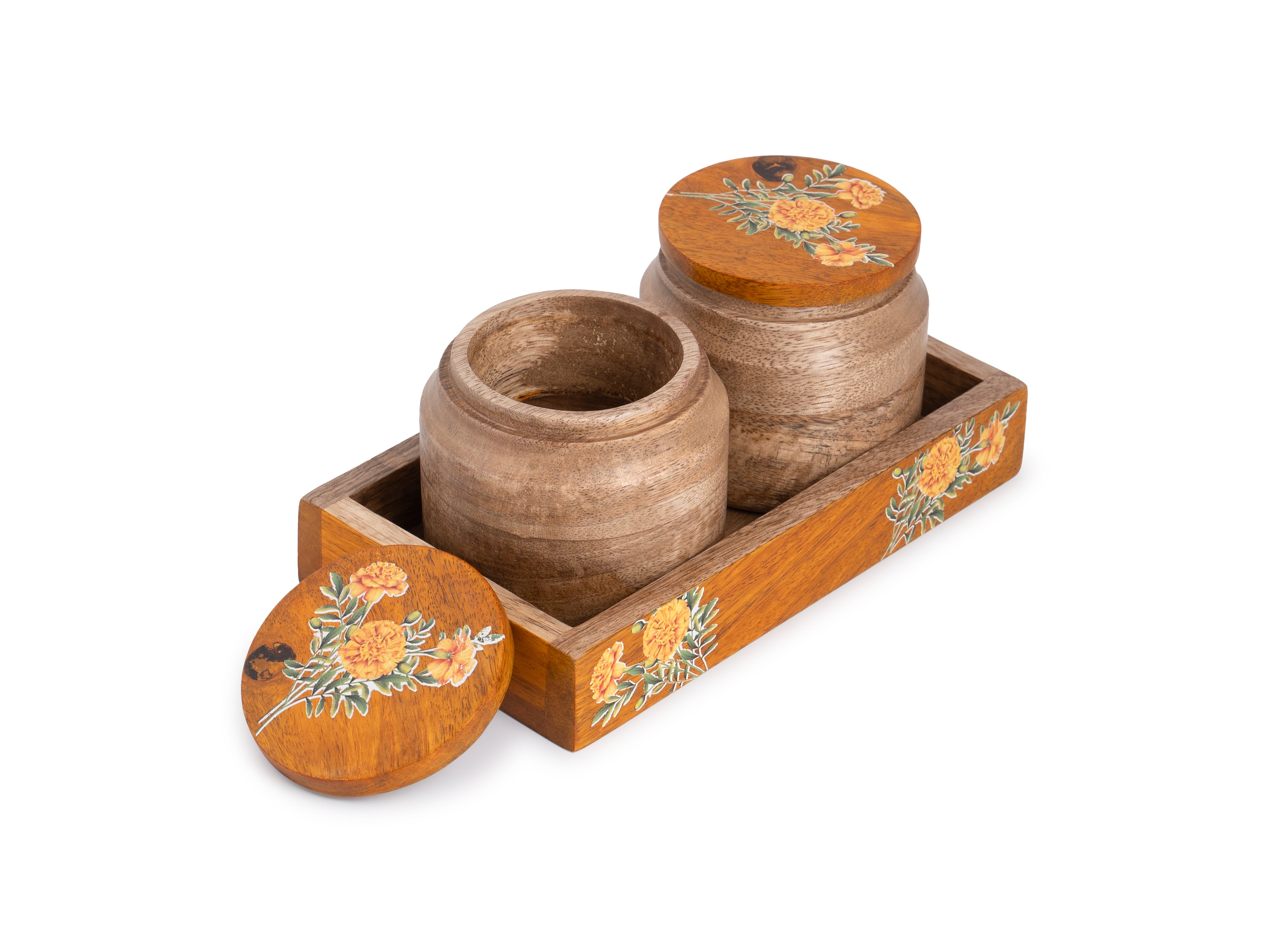 Handcrafted Wooden Jar Pair With Tray