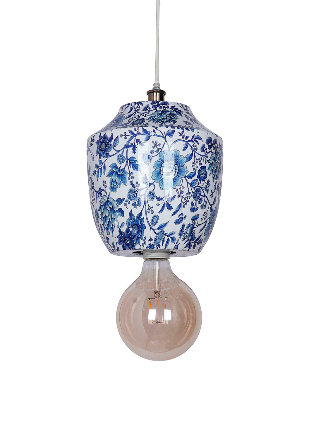 Chinoiserie Pendant Light, Blue White
  Floral Print, Metal Jar Shaped, Traditional Hanging Lamp,