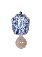 Chinoiserie Pendant Light, Blue White
  Floral Print, Metal Jar Shaped, Traditional Hanging Lamp,