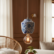Chinoiserie Pendant Light, Blue White
  Floral Print, Metal Jar Shaped, Traditional Hanging Lamp,