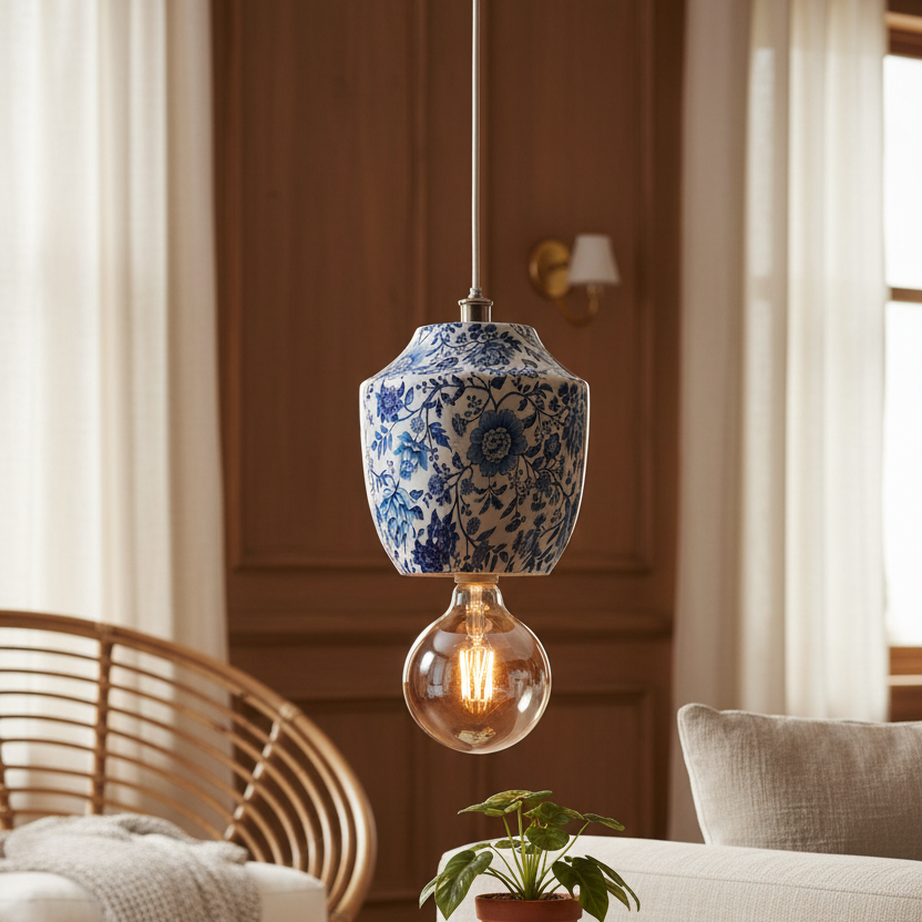 Chinoiserie Pendant Light, Blue White
  Floral Print, Metal Jar Shaped, Traditional Hanging Lamp,