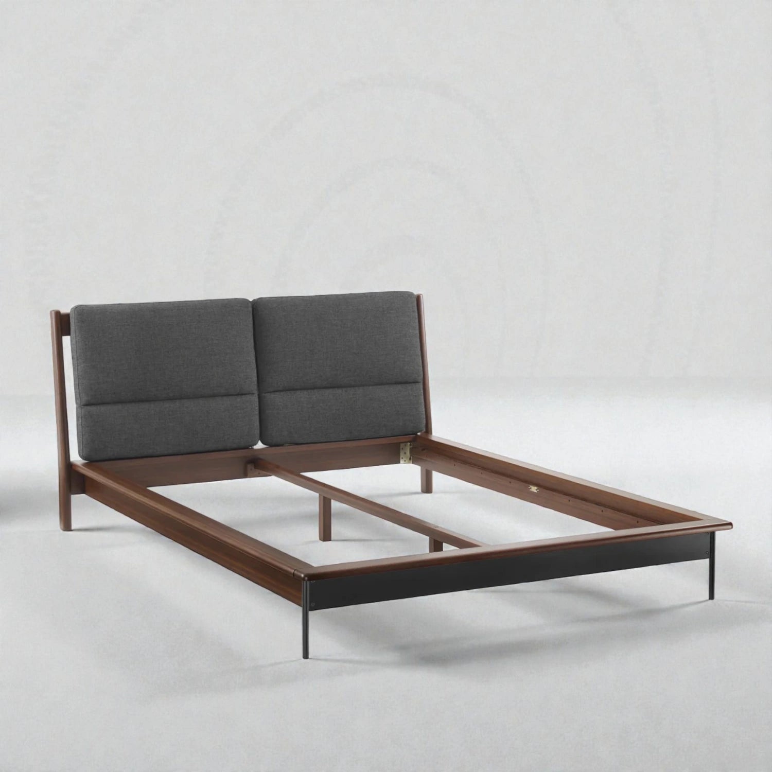 Bonny Solid Teak Wood, Fabric Upholstery And Black Metal Finish King Size Bed