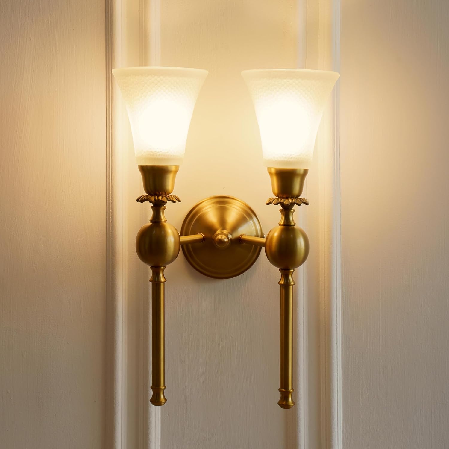 Double Ball Wall Lamp Antique Brass Finish with Frosted Hammered Glass Shade for Living Room, Bedroom and Home Decoration