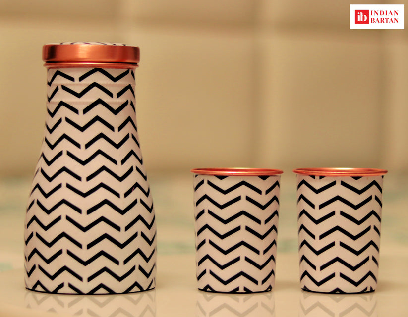 Printed Copper Flask Set | Office Carrying Bottles Set with Print Design Glasses