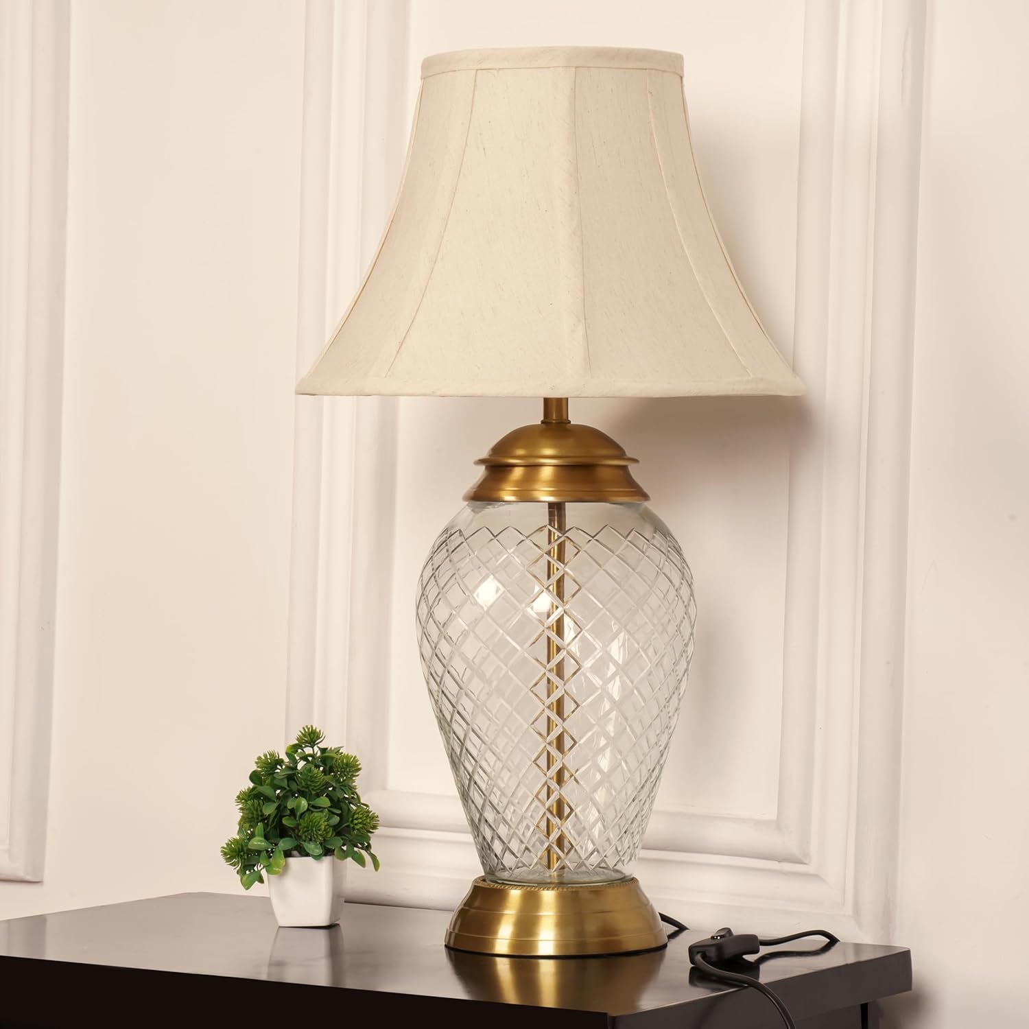 Royal Pure Brass Antique Finish And Diamond Cut Glass Table Lamp 23 Inches Height With Off White Bell 14 Inches Diameter Lampshade