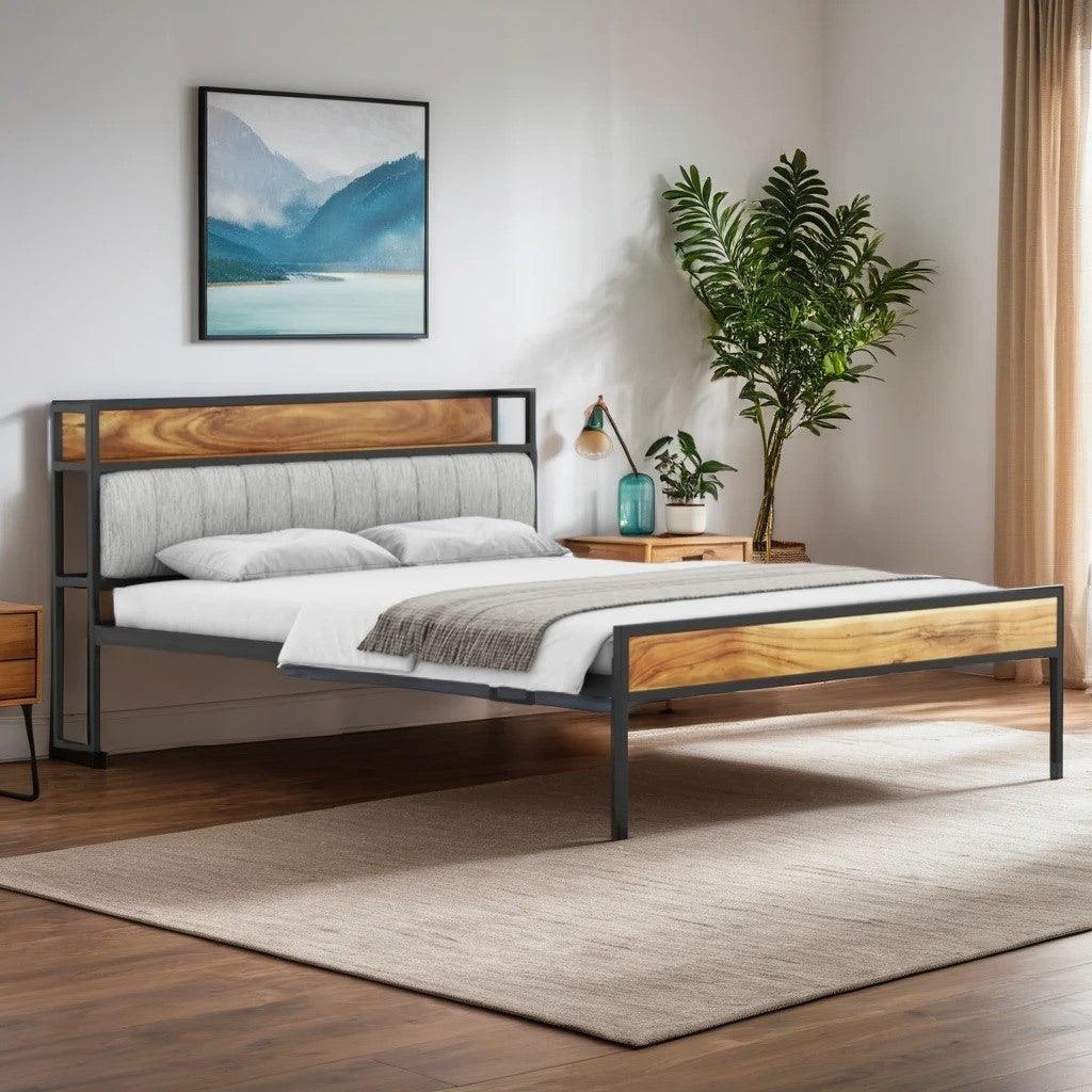 Pixel Wooden King Bed with Functional Headboard | Metal + Acacia Wood