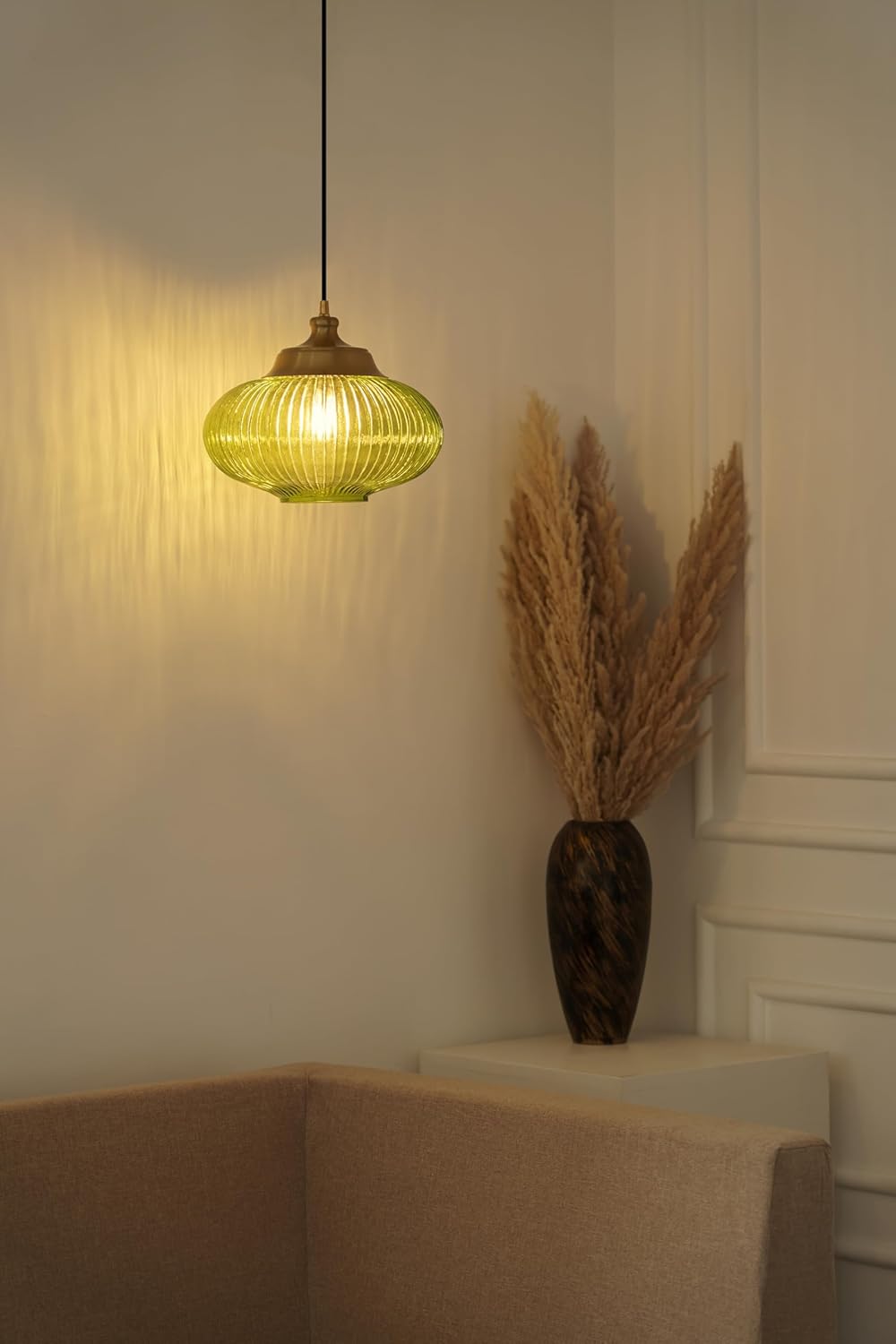 Ribbed Green Melon Glass Hanging Pendant Light Antique Brass Finish for Living Room, Bedroom, Home Decoration and Kitchen