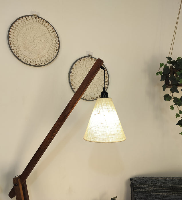 Fisher Wooden Floor Lamp with Brown Base and Jute Fabric Lampshade