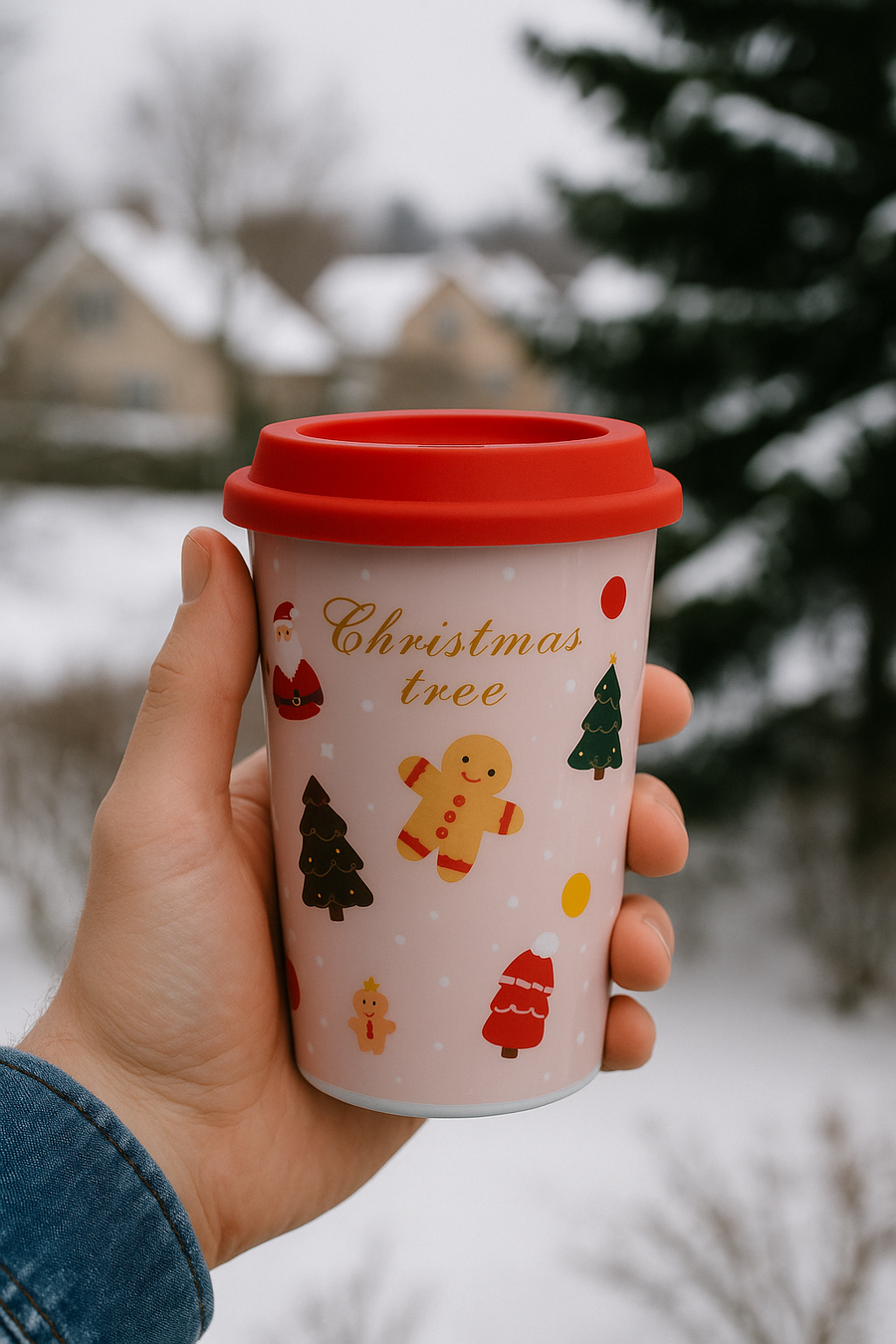 Christmas Ceramic Mug with Red Silicone Lid – 400 ml Coffee & Tea Cup-Pink