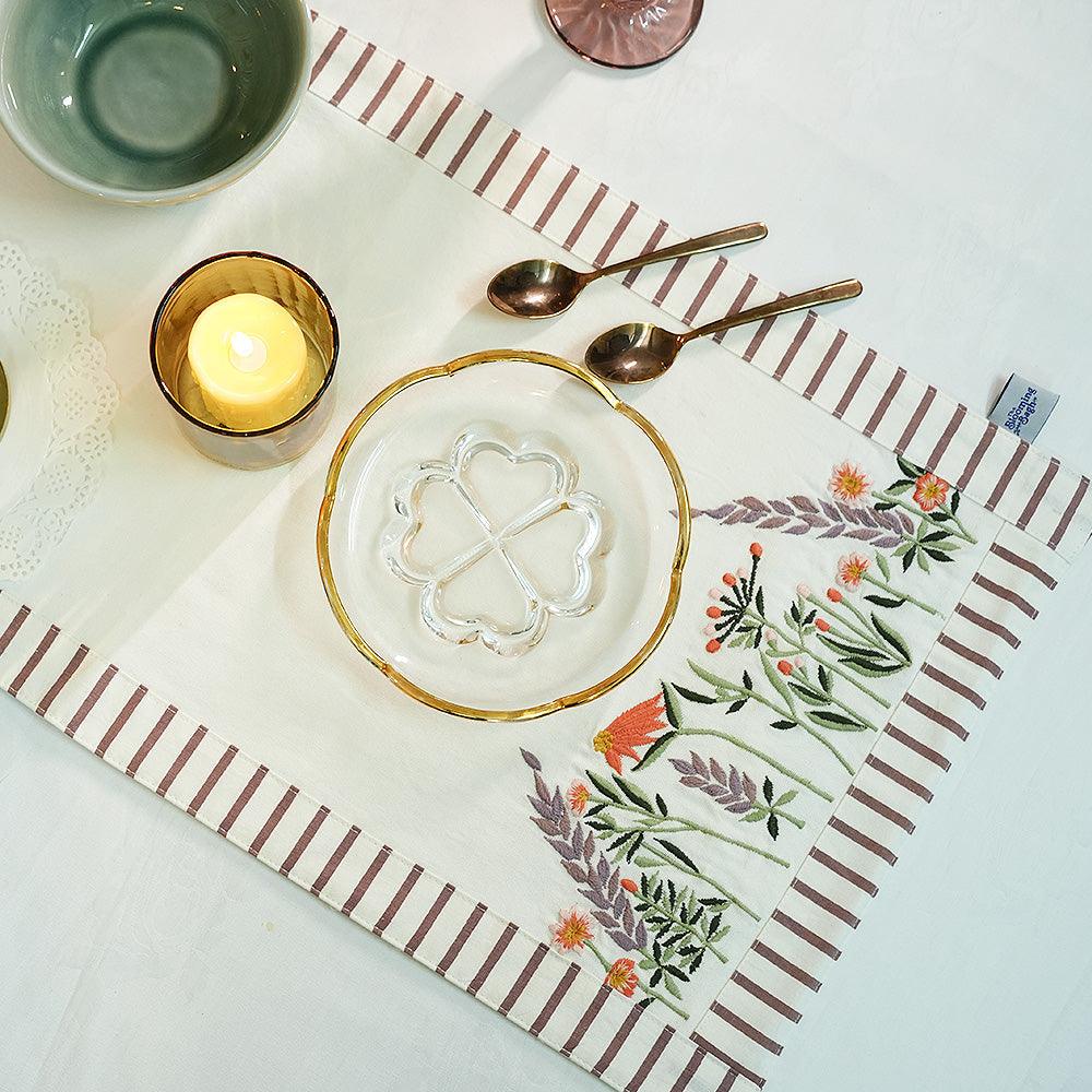 Spring Fields Dining Table Runner | Hand Embroidered Cotton Table Runner with Printed Border