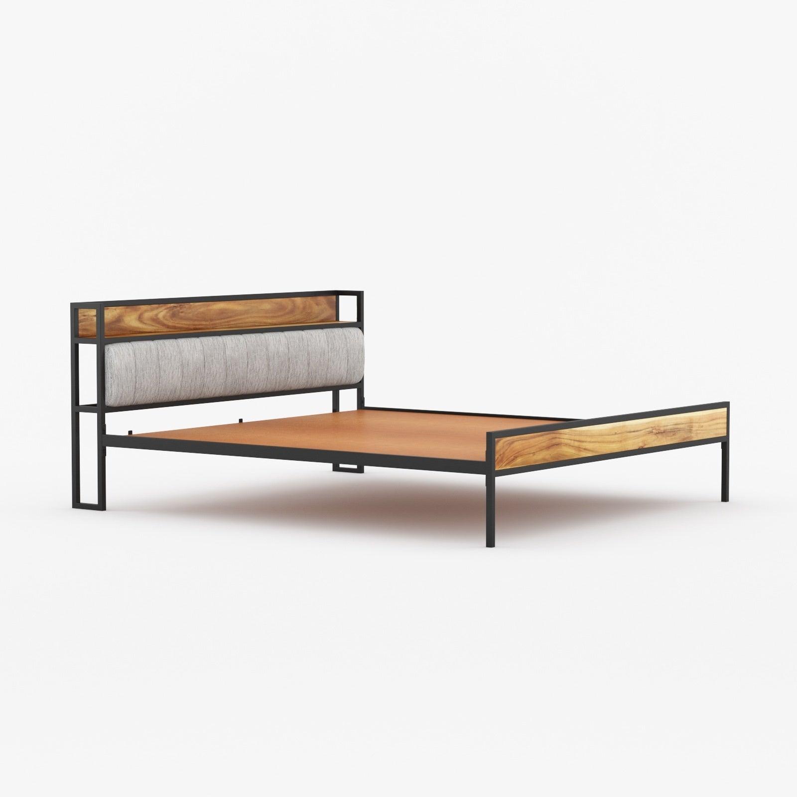 Pixel Wooden King Bed with Functional Headboard | Metal + Acacia Wood