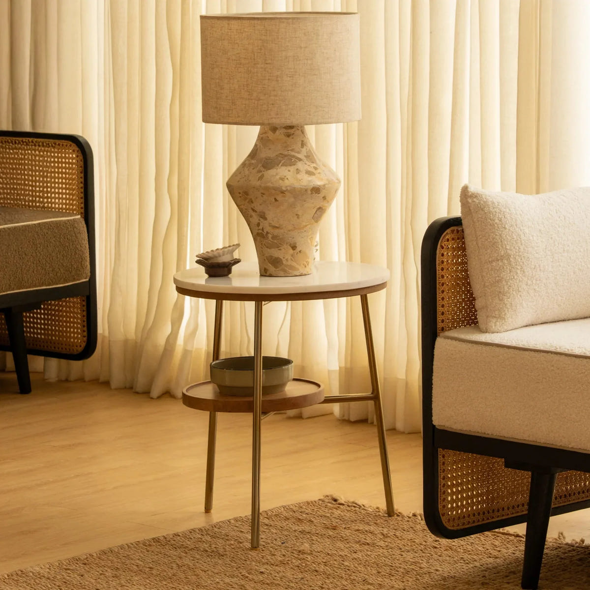 Modern Round Side Table for Living Room | Marble Top 2 Tier End Table | Small Corner Table for Home & Office