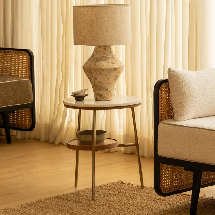 Modern Round Side Table for Living Room | Marble Top 2 Tier End Table | Small Corner Table for Home & Office