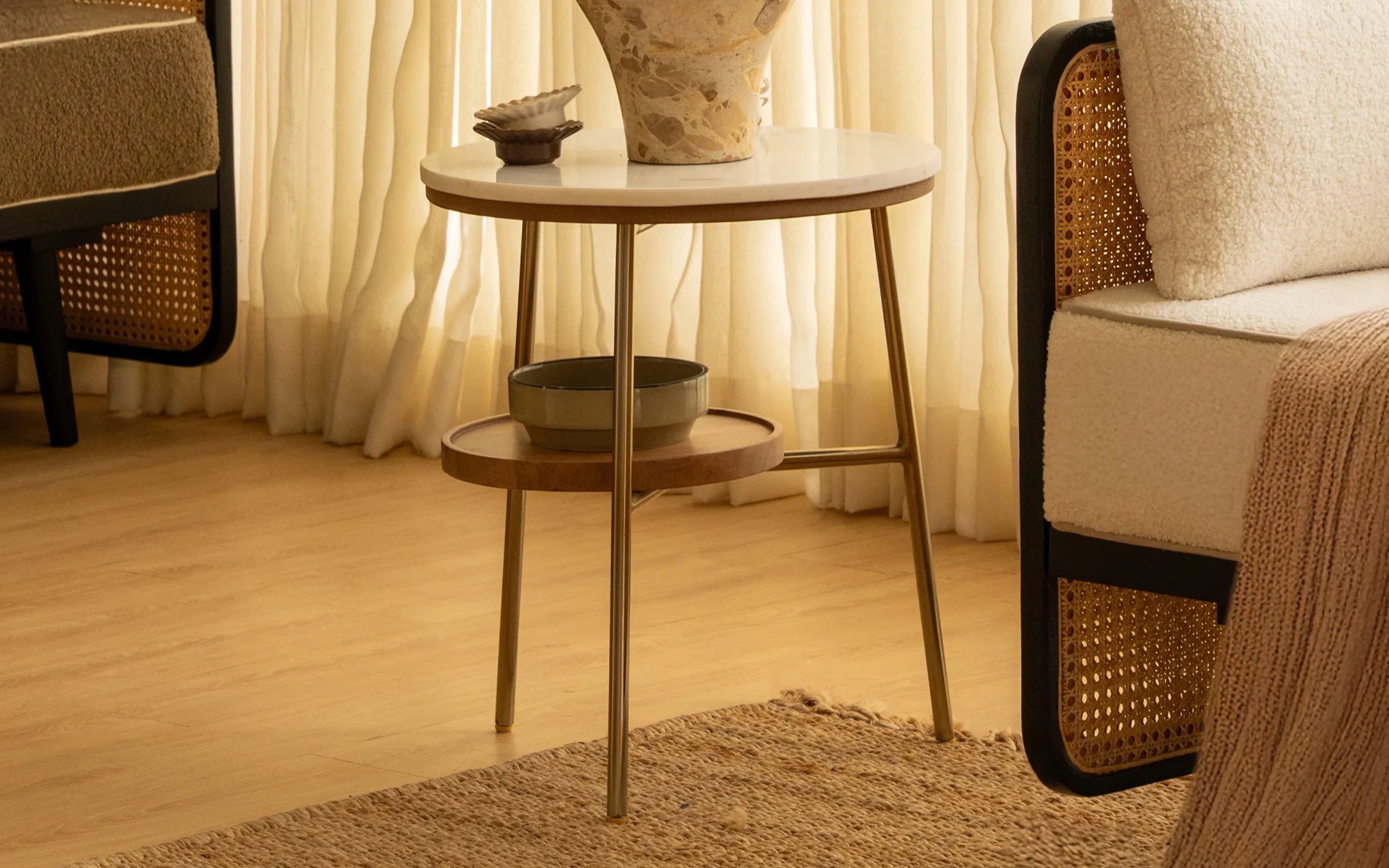 Modern Round Side Table for Living Room | Marble Top 2 Tier End Table | Small Corner Table for Home & Office