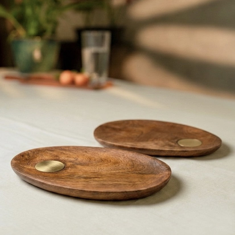 Ora-Reva Wooden Small Plates (Set of 2) with Brass Inlay