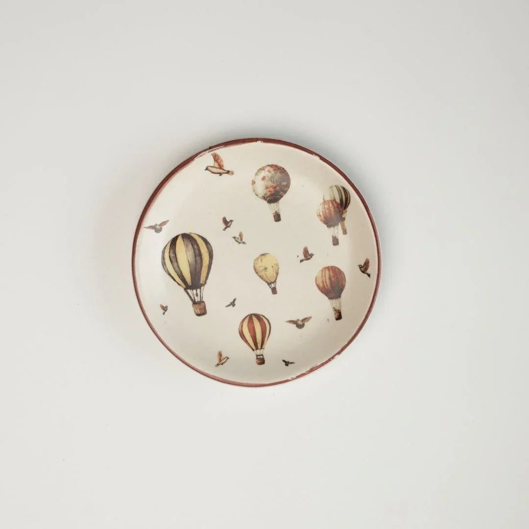 Handcrafted Stoneware Tea Plate – Vintage Hot Air Balloon Design | Ceramic Dessert & Snack Plate